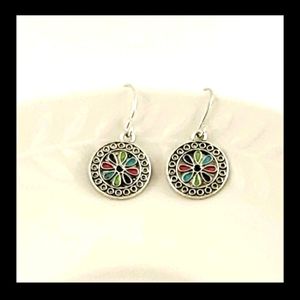 Floral Folk Art Silvertone Drop Earrings